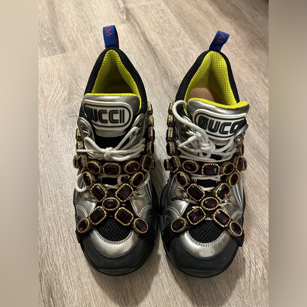 Gucci FlashTrek Silver/Black Sneakers Removable Purple Jewels (Women’s Size 9)